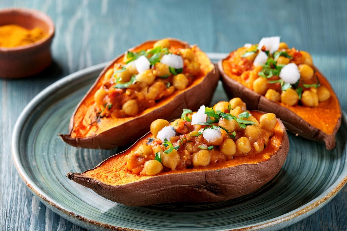 Buffalo Chickpea Stuffed Sweet Potatoes