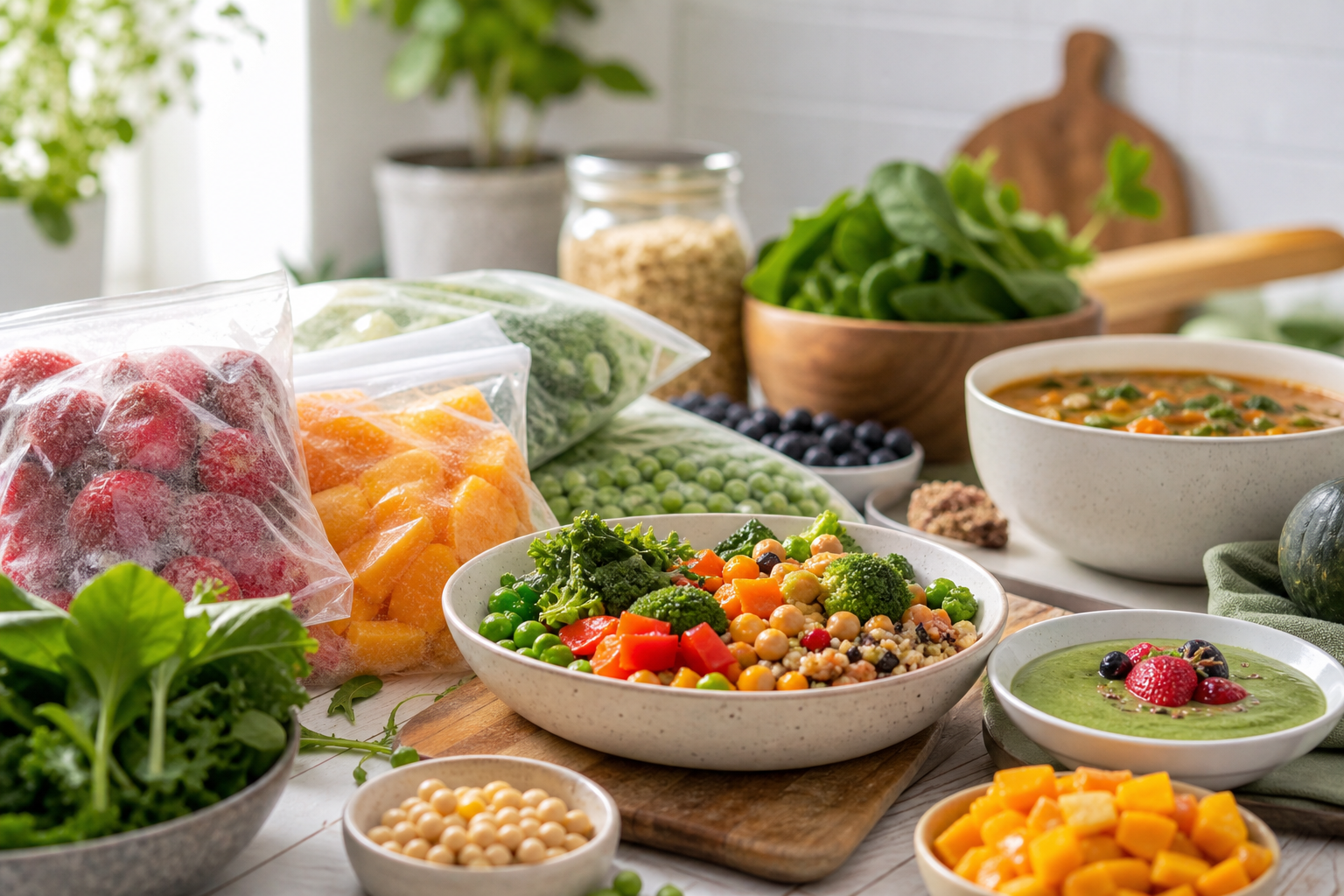 How can I utilize frozen fruits and vegetables for budget-friendly vegan recipes in 2025?