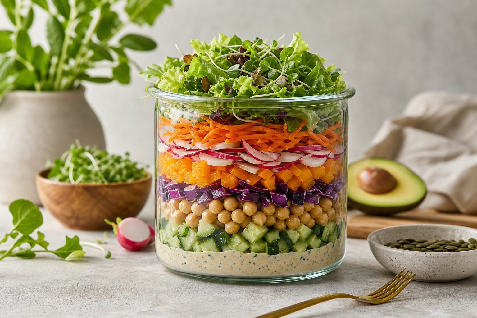 How do I layer ingredients for a visually appealing vegan salad in 2026?