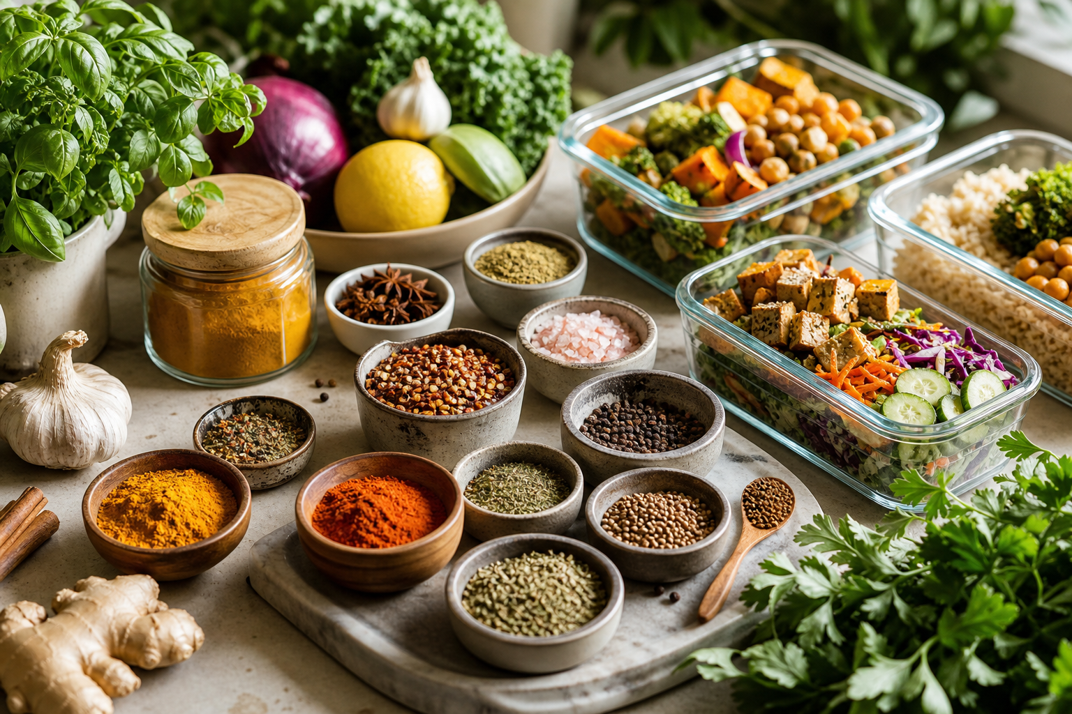 What are the essential spices for flavorful vegan meal prep in 2025?