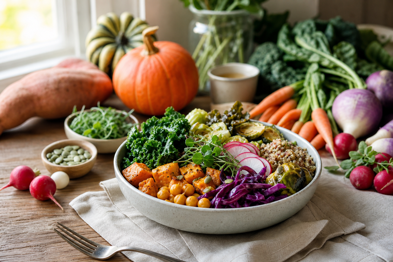 What seasonal vegetables should I include in my vegan lunch in 2025?