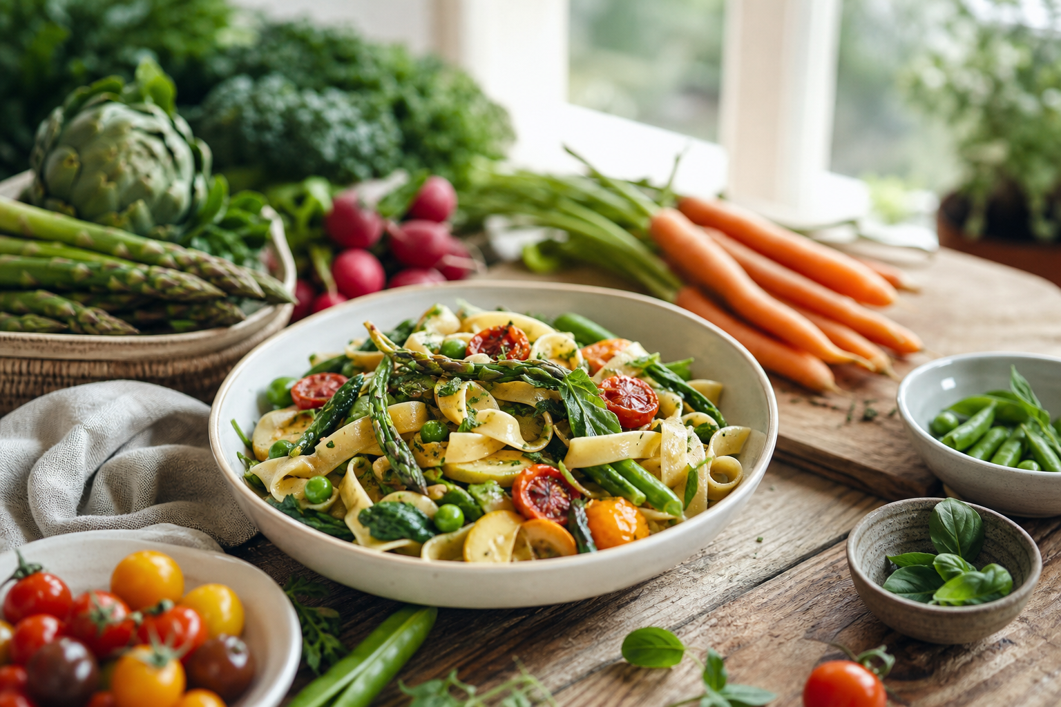Which seasonal vegetables should I include in vegan pasta recipes in 2026?